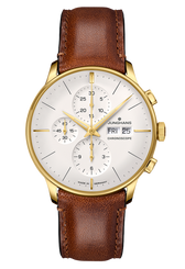 Junghans Meister Chronoscrope Leather Date English with white dial, stainless steel case