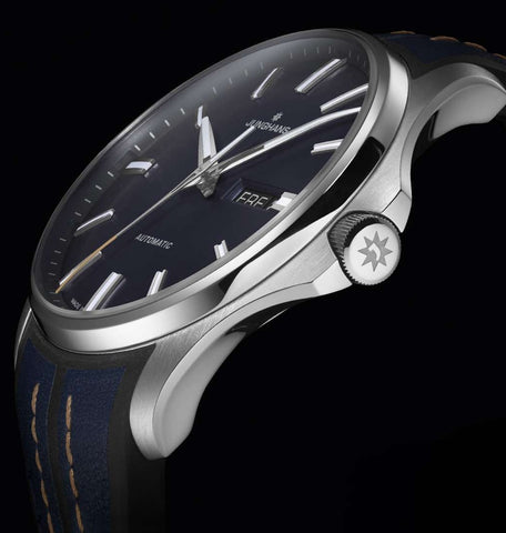 Junghans Meister S Automatic English Day Date Watch with blue dial, rubber strap, steel case