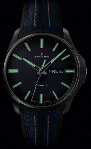 Junghans Meister S Automatic English Day Date Watch with blue dial, rubber strap, steel case