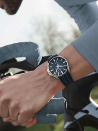 Junghans Meister S Automatic English Day Date Watch with blue dial, rubber strap, steel case