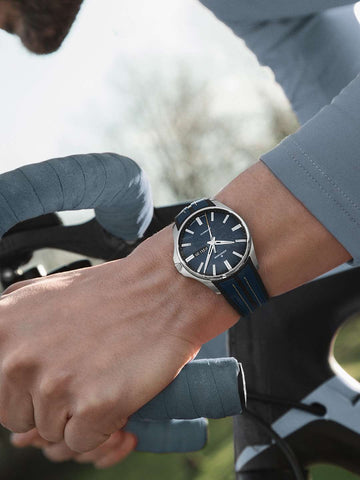 Junghans Meister S Automatic English Day Date Watch with blue dial, rubber strap, steel case