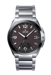 A Jungmans Mega Solar watch with a silver stainless steel link bracelet, a dark brown dial, and a black bezel, shown against a plain white background.