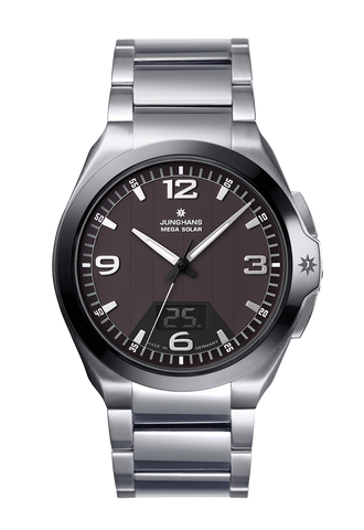 A Junghans Mega Solar watch with a silver stainless steel link bracelet, a dark brown dial, and a black bezel, shown against a plain white background.