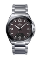 A Junghans Mega Solar watch with a silver stainless steel link bracelet, a dark brown dial, and a black bezel, shown against a plain white background.