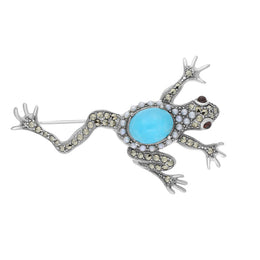 Sterling Silver Pear and Turquoise Marcasite Large Frog Brooch