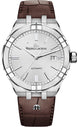 Maurice Lacroix watch with brown leather strap and silver case on white background