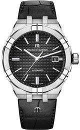 Maurice Lacroix watch with black dial and leather strap on a white background