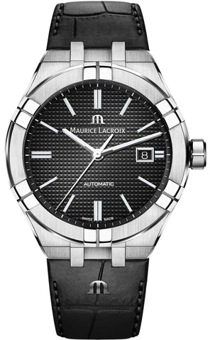 Maurice Lacroix watch with black dial and leather strap on a white background