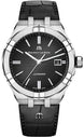 Maurice Lacroix watch with black dial and leather strap on a white background