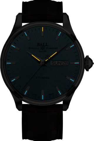 Ball Watch Company Trainmaster Eternity Watch with blue dial, leather strap, steel case