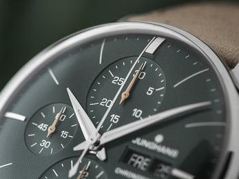 Junghans Meister Chronoscope Watch with green dial, leather strap, steel case