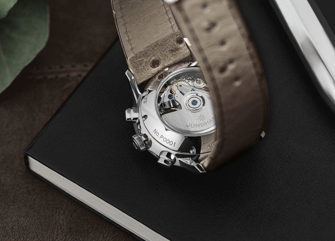 Junghans Meister Chronoscope Watch with grey dial, ostrich leather strap, steel case