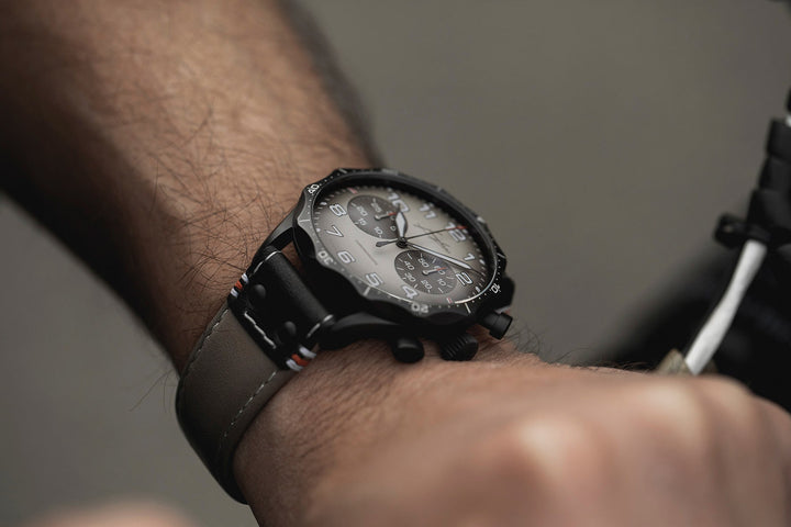 Junghans Meister Pilot Chronoscope Desert Watch with brown dial, leather strap, steel case