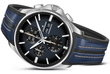 Junghans Meister S Chronoscope Watch with blue dial, rubber strap, steel case