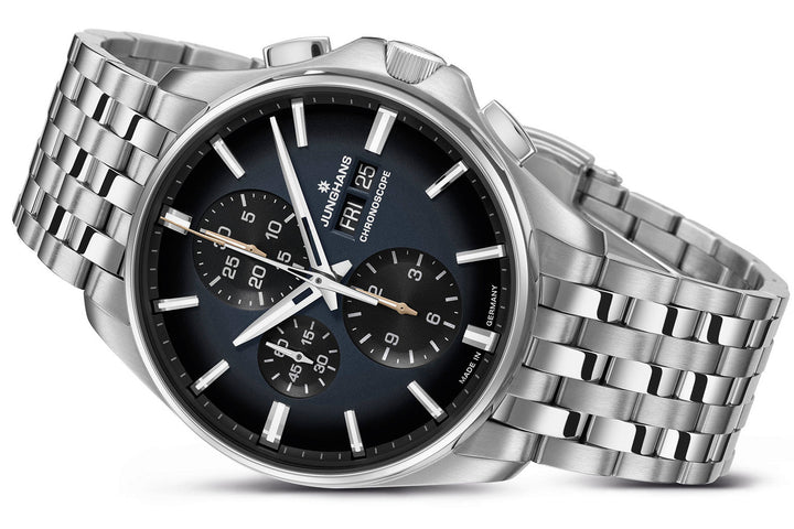 Junghans Meister S Chronoscope Watch with blue dial, steel bracelet, steel case