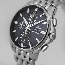 Junghans Meister S Chronoscope Watch with blue dial, steel bracelet, steel case