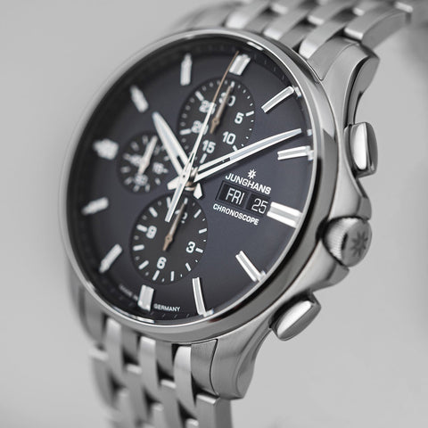 Junghans Meister S Chronoscope Watch with blue dial, steel bracelet, steel case