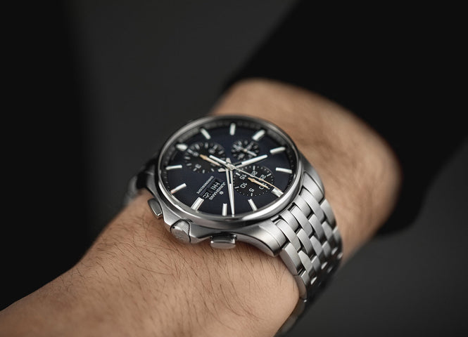 Junghans Meister S Chronoscope Watch with blue dial, steel bracelet, steel case