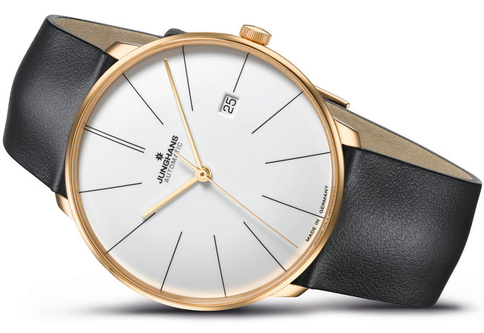 Junghans Meister Fein Automatic Watch with white dial, leather strap, yellow gold pvd case