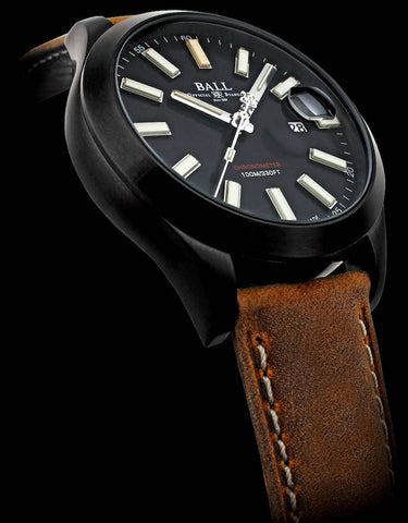 Ball Watch Company Engineer II Green Berets Watch with black dial, leather strap, titanium case