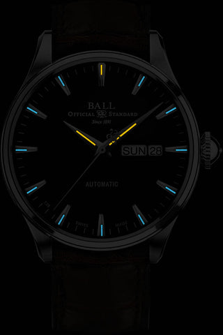 Ball Watch Company Trainmaster Eternity Watch with blue dial, crocodile strap, steel case