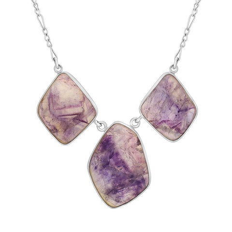 Sterling Silver Blue John Three Stone Abstract Oval Unique Necklet