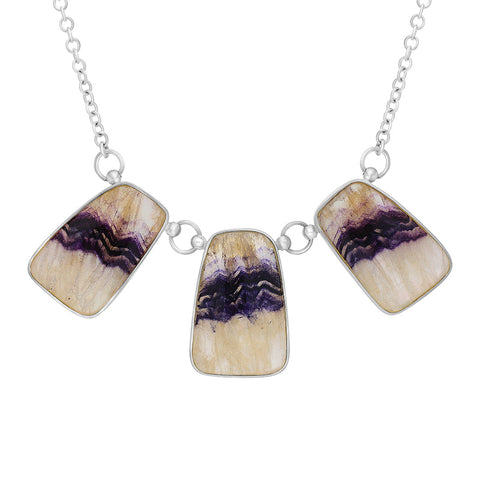 Sterling Silver Blue John Three Stone Abstract Oval Unique Chain Necklace