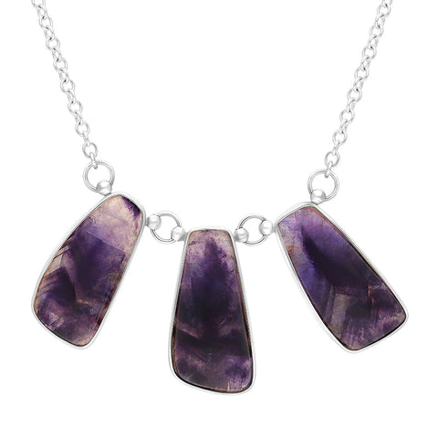 Sterling Silver Blue John Three Stone Abstract Oval Unique Necklace