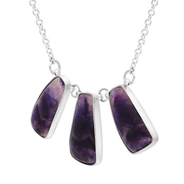 Sterling Silver Blue John Three Stone Abstract Oval Unique Necklace