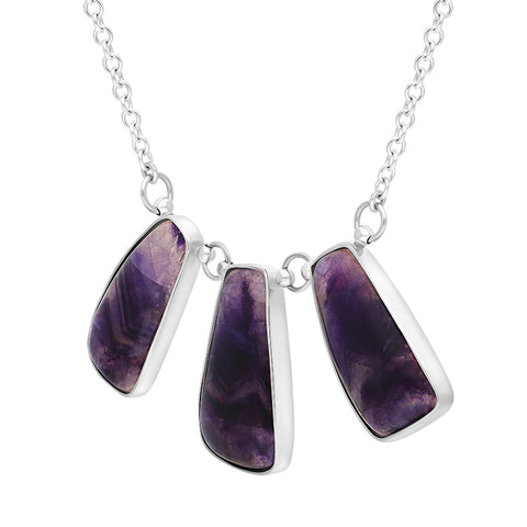 Sterling Silver Blue John Three Stone Abstract Oval Unique Necklace