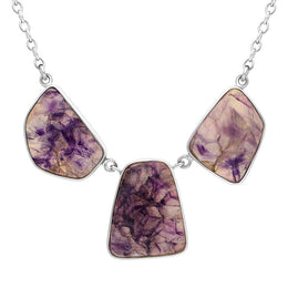 Sterling Silver Blue John Three Stone Abstract Oval Unique Necklace