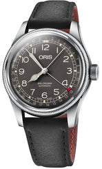Oris Big Crown Pointer Date Watch with black dial, leather strap, steel case