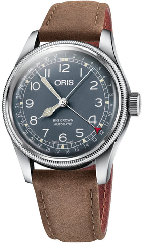 Oris Big Crown Pointer Date Watch with blue dial, leather strap, steel case