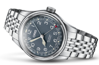 Oris Big Crown Pointer Date Watch with blue dial, leather strap, steel case