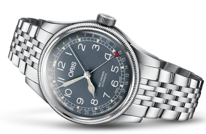 Oris Big Crown Pointer Date Watch with blue dial, leather strap, steel case