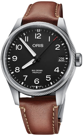 Oris Big Crown ProPilot Big Date Leather Watch with black dial, leather strap, steel case