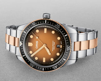 Oris Divers Sixty Five Bracelet Watch with gold dial, steel bracelet, steel case