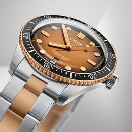 Oris Divers Sixty Five Bracelet Watch with gold dial, steel bracelet, steel case