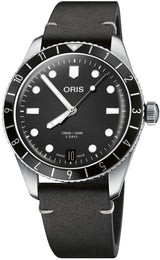 Oris Divers Sixty Five 12H Calibre 400 Watch with black dial, leather strap, steel case