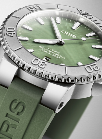 Oris Aquis New York Harbor Limited Edition Watch with green dial, rubber strap, steel case