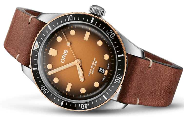 Oris Divers Sixty Five Leather Watch with gold dial, leather strap, steel case