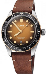 Oris Divers Sixty Five Leather Watch with gold dial, leather strap, steel case