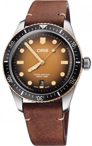 Oris Divers Sixty Five Leather Watch with gold dial, leather strap, steel case