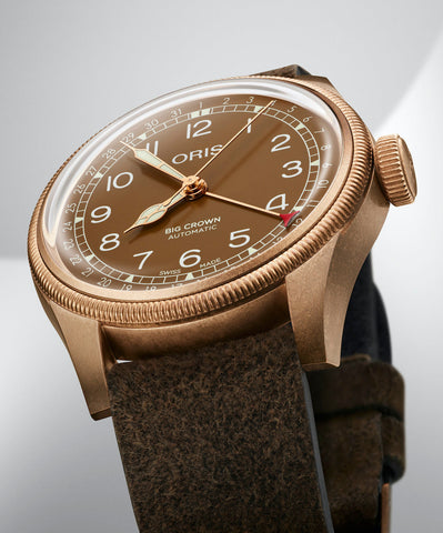 Oris Big Crown Pointer Date Bronze Watch with brown dial, leather strap