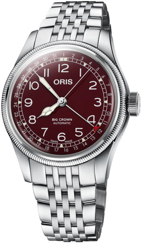 Oris Big Crown Pointer Date Watch with red dial, steel bracelet, steel case