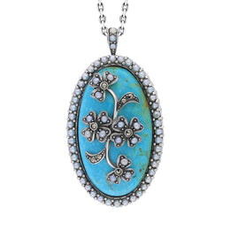 Sterling Silver Pearl and Turquoise Flower Back Large Oval Pendant