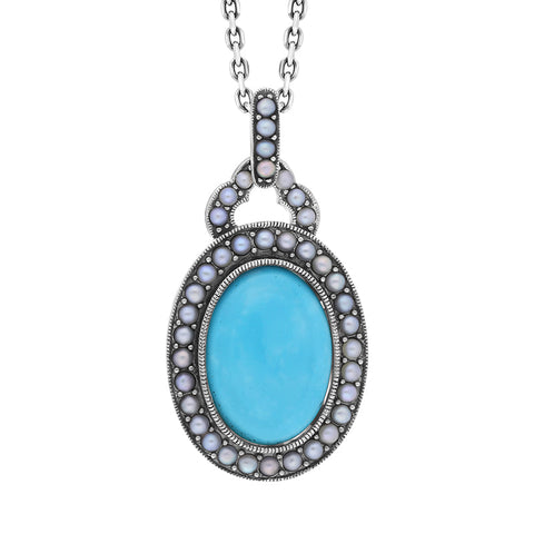 Sterling Silver Pearl and Turquoise Large Framed Oval Pendant