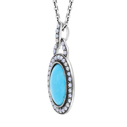 Sterling Silver Pearl and Turquoise Large Framed Oval Pendant