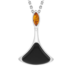 Sterling Silver Whitby Jet and Amber Two Stone Triangle Drop Necklace