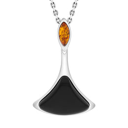 Sterling Silver Whitby Jet and Amber Two Stone Triangle Drop Necklace